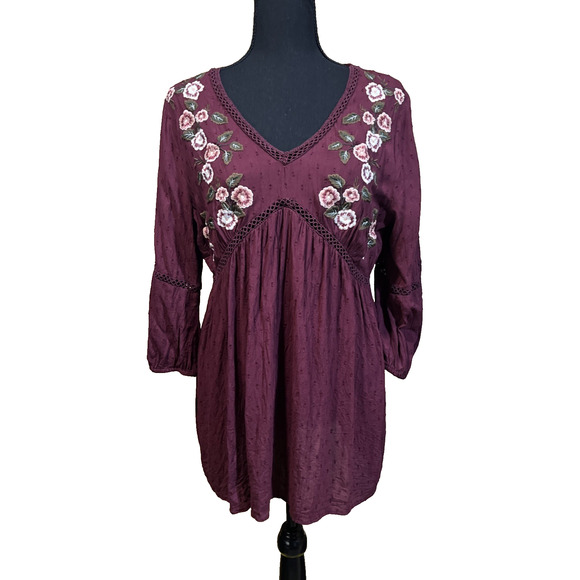 Arizona Babydoll Tunic Top Embroidered Burgundy Size Large Boho Peasant Y2K - Picture 1 of 10